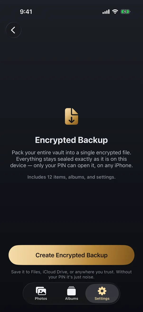 Arca's encrypted backup creation screen