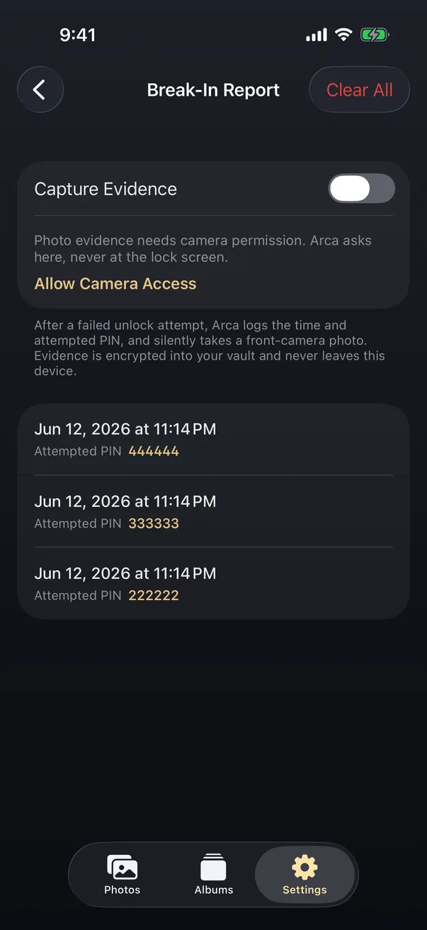 Arca's break-in report listing failed unlock attempts