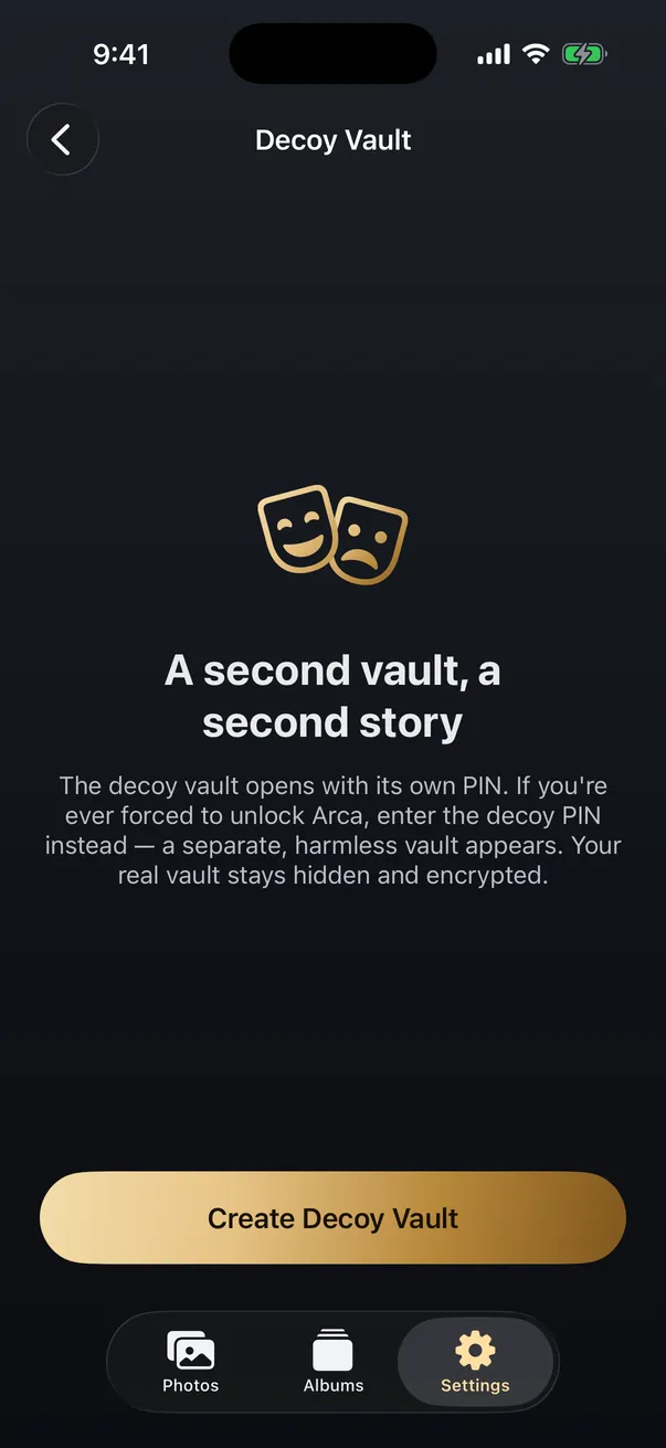 Arca's decoy vault setup screen