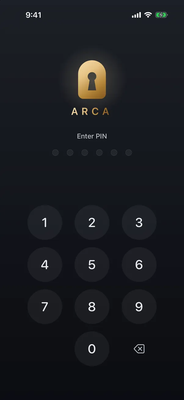 Arca's Face ID unlock screen guarding the vault
